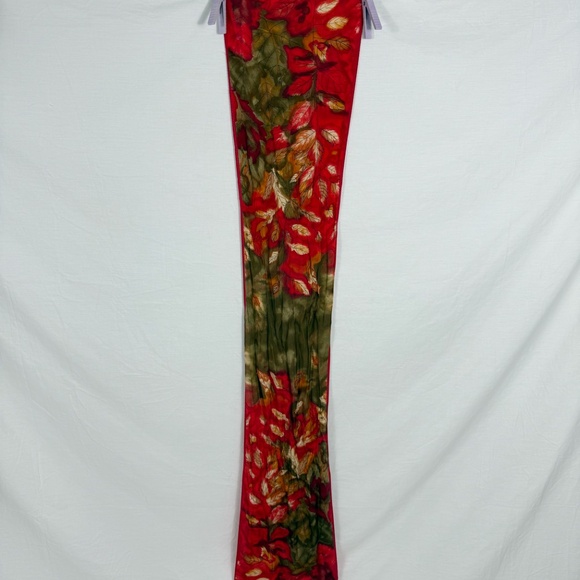 Vera Ibiza Silk Red Scarf With Gold and Green Leaves 52" Long - Picture 5 of 10
